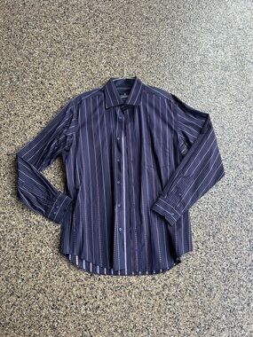 Bugatchi Men's Black and Purple Striped Dress Shirt